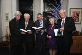 Seamus Heaney (second from left) launching the DIB in the Ulster Bank headquarters, Belfast, on 16 December 2009, with (left to right) Nicholas Canny (president of the RIA), James Quinn (executive editor), Linde Lunney (editorial secretary) and James McGuire (managing editor). (RIA)