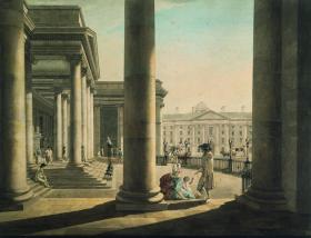 Trinity College, Dublin, seen through the Portico of the Parliament House, 1790 by James Malton. After the partial repeal of Poynings’ Law in 1782, the House of Lords became a much more important body than it had been. (National Gallery of Ireland)