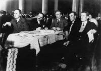 Peadar O’Donnell (centre)—the crucial figure in the anti-annuities agitation—with the delegation of the recently formed Irish Working Farmers’ Committee (IWFC) at the Congress of Peasants International (Krestintern), Berlin, March 1930.