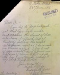 On 23 June, Ellen Gorman of No. 15 Moore Street read the newspaper advertisement of the Dublin Fire and Property Losses Association for the first time and wrote to the secretary:‘Dear Sir, I see by today’s Independent that you have under consideration the claims of those who have suffered loss of property during the recent disturbance and as I have made no claim as yet, I beg to ask if you would kindly send me a form of claim to fill up for the loss I sustained owing to my shop being looted. You would much oblige. Respectfully yours, Ellen Gorman’ (NAI)