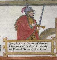 Sixteenth-century depiction of Hugh de Lacy, who in 1172 was granted the liberty of Meath (the northern part of the modern province of Leinster). It suited the English Crown to delegate the government of such frontier regions to great lords. County Meath was created in 1297, Westmeath in 1541–2 and Longford in 1570. (British Library)