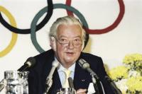 Lord Killanin, president of the International Olympic Committee (1972–80), at a press conference in the Berkeley Court Hotel, Dublin, 29 May 1980. (RTÉ Stills Library)