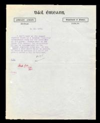 Typescript note to the Department of Finance dated 8 October 1921 and initialled by ‘MOC’ [Michael Collins] in which he requests £50 (to enable him to join the other members of the Irish delegation in London). Collins concludes, ‘At the moment I have about £3 in my pocket. It would be serious if I could not give a porter a tip at Holyhead.’