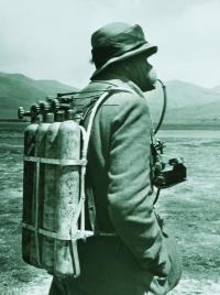 Testing oxygen apparatus for the 1924 expedition. (Trinity College, Dublin)