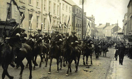 The Enniskillen Horse—what can now be identified as the first formed UVF regiment—parading through the town on 18 September 1912 to welcome Sir Edward Carson’s visit to launch the Ulster Covenant campaign. (PRONI)