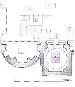 Pl. 5: Extract from a ground-plan of San Pietro in Montorio showing the position of the Irish grave-slabs (A and B) in relation to the underlying accessible vaults, which are outlined in green. (J. Fenwick and A. Gallagher)