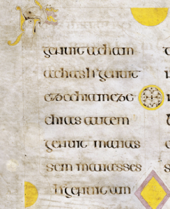 Why was the decoration never finished? There are five pages at the beginning of St Matthew’s Gospel where the decoration was barely started. At this point the text is arranged in double columns: here we have the upper left quadrant, with a lion and a bird in combat. The frame has been prepared in outline, along with a few details of the ornament. Surprisingly, some paint was applied long before the drawing was complete. (The Book of Kells, folio 30v [detail], © The Board of Trinity College Dublin 2013