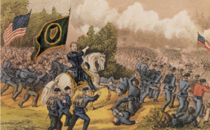 General Thomas Francis Meagher leading the bayonet charge of the Irish Brigade at the Battle of Fair Oaks, Virginia, 1 June 1862. (Currier and Ives)