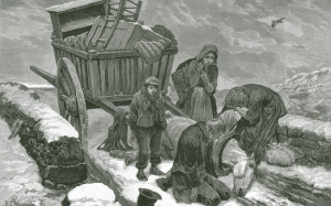 Above: An evicted family on the road in Connemara. The crisis of 1879–80—when the potato crop failed, seasonal migration remittances declined and the kelp industry suffered from foreign competition—was exacerbated by large-scale evictions. (Illustrated London News, 20 March 1880) 