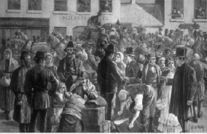 Above: ‘Tuke’ emigrants departing from Clifden. Note the family groups. (Illustrated London News, 21 July 1883)