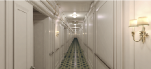 One of the ship’s corridors, as shown in the spectacular 3D chamber in Gallery 4. Three sides of the room are huge screens and you are taken on a virtual tour of the ship, beginning at keel level and rising up through the engine room, cabins and so on until you come to a halt on the bridge. (All images: Titanic Belfast)