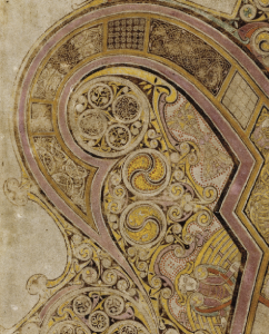 It has been suggested that this Chi-Rho initial, with its dazzling range of colour and intricate patterns, would have taken months, perhaps even a year, to complete. This is the top left corner of the folio, with two moths and an angel enmeshed in a sequence of curvilinear designs. It represents a mere 10% of the page as a whole. Time was obviously not of major concern to the artists, as suggested by the cartoon