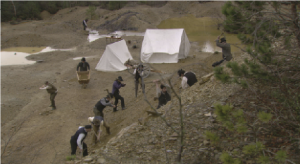 Above: Irishmen at work at Duffy’s Cut, Pennsylvania, and (right) the gunmen allegedly hired by fearful locals to finish them off—stills from the Tile Films follow-up documentary, which will be broadcast on PBS in the US on 8 May and in autumn 2013 on RTÉ.