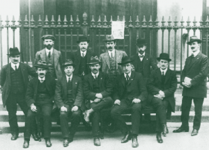 The national executive of the Irish Trades Union Congress and Labour Party in 1914, with James Connolly on the left beside William O’Brien (standing at the back); Jim Larkin is seated second from right. After the Lockout defeat Larkin and Connolly recognised that something more was needed.