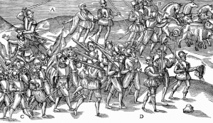 The English army returning triumphant from battle, carrying the severed heads of the defeated Irish. The one on the extreme right, held by the hair, is reputedly Feagh’s sister, Margaret Maol O’Byrne, wife of Rory Óg O’More, both killed in early 1580. (John Derrick’s Image of Irelande [1581])