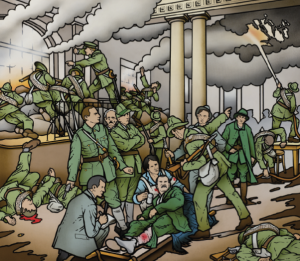 Above: Robert Ballagh’s reinterpretation of Walter Paget’s Birth of the Irish Republic and (opposite page) the original. (National Museum of Ireland) 