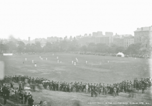 Above: A cricket match at College Park, Trinity College, Dublin, c. 1900. The marquee to the right is roughly where Miss Kathleen Wright was shot on 3 June 1921. (NLI)