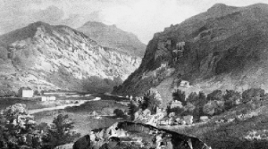 Above: Nineteenth-century lithograph of ‘the rough and rugged recesses’ of Glenmalure. (G. Rowe)