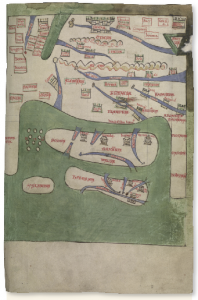 Above: This map of Europe, accompanying Gerald’s Topography of Ireland and Conquest of Ireland in a c. 1200 manuscript, shows Ireland’s proximity to Spain (bottom right). The alleged Basque origin of the Irish played a vital role in Gerald of Wales’s arguments (‘rights’ 1 and 3) that the English crown had the right to rule Ireland. (NLI)