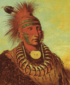 No-ho-mun-ya (One Who Gives No Attention, a.k.a. Roman Nose). This Iowa, painted by Catlin in London in 1844, became ill in Ireland and died in Liverpool the following year. (Smithsonian American Art Gallery)