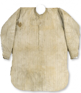 The shirt worn by James Connolly during the Rising, stained with his blood. It was given to Nora Connolly, presumably after it was removed while he was treated at the first-aid station in Dublin Castle. (National Museum of Ireland)