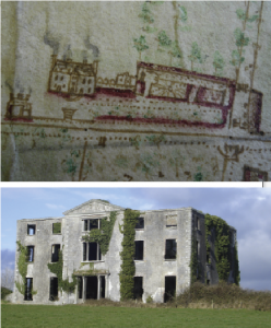 Detail of Clogrennane Lodge, Co. Carlow, home of Robert Rochfort, from ‘A Survey and plan of the Demesne of Clogrennane situate in the Queen’s county and county of Carlow, the estate of John Rochfort, 1774’ by Tomas Ivers, and (below) the ruins of its successor, Clogrennane House, built by his brother, John Staunton Rochfort, c. 1815 and abandoned by the family in 1923. (National Library of Ireland)