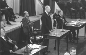 President Eamon de Valera addressing the joint houses of the Oireachtas in the Mansion House on 21 January 1969 and Joe Clarke