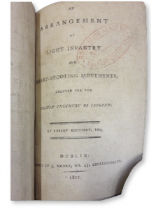 Title-page of Robert Rochfort’s 1801 pamphlet on yeomanry manoeuvres. In this short tactical handbook he lamented ‘observing the gradual decline of that esprit du guerre which at one time so eminently distinguished the Yeomanry infantry of Ireland’. 