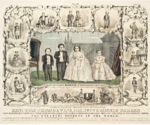 Hand-coloured lithograph of Tom Thumb’s marriage to Lavinia Warren in February 1863, including Lavinia’s sister Minnie and another Barnum performer, ‘Commodore’ Nutt. Along the top and sides are vignettes of their assorted performance routines. The illustration along the bottom shows the miniature carriage in which the happy couple drove through the cheering crowds to the fashionable Metropolitan Hotel on Broadway, New York, for the reception. During their honeymoon tour the newly-weds were hosted by President Lincoln at the White House. (Currier and Ives)