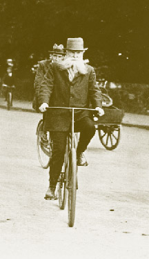 John Boyd Dunlop on a chain-driven safety bicycle, which did not replace the ordinary or the tricycle on Ireland’s roads until Dunlop, a Scottish veterinarian practising in Belfast, demonstrated its superior capabilities when it was fitted with pneumatic tyres.