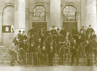 Members of a cycling club with their ordinaries and tricycles outside Waterford courthouse. (NLI)