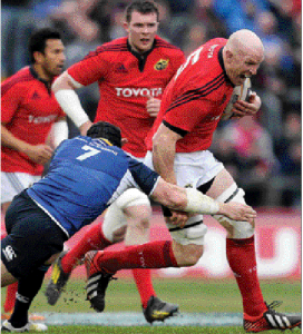 The provincial dynamics of Irish history are illustrated with footage of a Leinster–Munster rugby match. (Sports News Ireland).