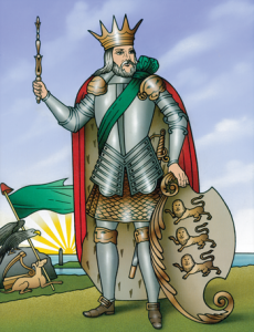 Above: Brian Boru, Imperator Scotorum, by Robert Ballagh, after the frontispiece of Geoffrey Keating’s The history of Ireland (1723), an English translation of his Foras Feasa ar Éirinn (c. 1633).