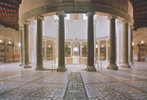 The basilica of Santo Stefano Rotondo on the Coelian Hill, one of the great early Christian churches of Rome, built in the fifth century to house the relics of St Stephen.