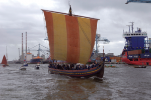 Above: The Viking replica ship Sea Stallion from Glendalough enters Dublin Harbour on 14 August 2007. Both archaeological and historical evidence indicates that Viking Dublin had a wide range of links as a trading emporium. (Verner Karrash, Vikingeskibsmuseet, Roskilde)