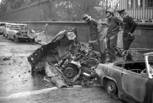 The wreckage of the third Dublin bomb (c. 5.32pm) at South Leinster Street (with Trinity College railings in the background), where two women were killed instantly. Seven more people would be killed when a fourth bomb exploded outside Greacan’s pub in Monaghan town at c. 6.58pm. (Dublin City Public Libraries)