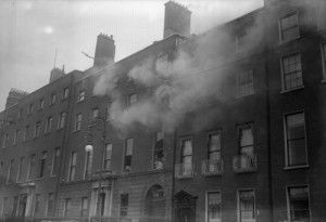 Fowler Hall (with the lamppost outside), 10 Rutland (now Parnell) Square, headquarters of Dublin’s anti-Treaty IRA, smouldering during the Civil War in June 1922. Prior to being taken over by the IRA it had been an Orange hall and home to the majority of Dublin’s 2,000 Orange brethren. Thirteen years later (above) the Irish Times would report on its cellar’s secret. (Walshe/Topical Press Agency/Getty Images)