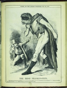 ‘THE IRISH FRANKENSTEIN. “The baneful and blood-stained Monster * * * yet was it not my master to the very extent that it was my creature . . . Had I not breathed into it my own spirit?” * * * (Extracts from the Works of C.S. P-rn-ll, M.P.).’ Punch (20 May 1882) quotes from Mary Shelley’s Frankenstein to link Charles Stewart Parnell (left) with the murders. (British Library)