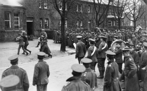 Carrying the officers who led them to victory in the Connaught Shield shooting competition at Aldershot, April 1914. Unfortunately for them, when it came to the real thing at Étreux, Picardy, on 27 August they ran out of ammunition and were almost wiped out in a heroic last stand. (Imperial War Museum)