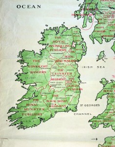 Prior to 1922, eight infantry ‘regiments of the line’ recruited in Ireland. As demonstrated here, each regiment had a specific catchment area. A ninth infantry regiment, the élite Irish Guards, was based in London. Each of these regiments was represented at the costly battles of 1914.