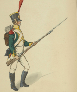 The green uniform with parchment yellow facings of a light infantryman in Napoleon’s Légion Irlandaise. (New York Public Library).