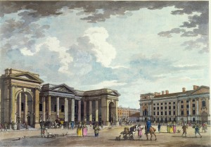 One of Malton’s views of College Green (1792–9), with the parliament building and the façade of Trinity College, and a detail (inset) showing a blockwheel cart or ‘Irish carr’ used to transport heavy goods, including granite blocks. In both buildings granite was used to construct the walls, and Portland stone for the columns, pediments and friezes. (NLI)