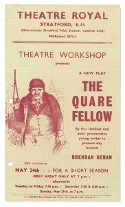 Poster for Joan Littlewood’s Theatre Workshop production of The Quare Fellow in May 1956. In the wake of its critical acclaim—and a drunken television interview with Malcolm Muggeridge—the British press could not get enough of his antics. (UK National Archives, Kew)