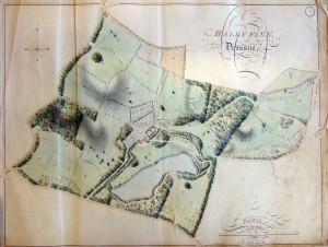 The map of Ballyfin demesne c. 1814 in the Delany Archive, Carlow College. Reference numbers shown in the detail (below): 1, Mansion house Flower Garden & Offices; 2, Farm Yard & Offices; 3, Kitchen Garden; 4, Middle Garden; 5, Melon Garden; 6, The Nursery; 7,8, Racer’s park; 9, The Paddock; 10,11, Crab Lane and Plantation; 12, Crab Lane Avenue; 25, Lime kiln field; 26, Four Acre field; 43, Fox Cover Plantation; 45, Wood adjoining the Lawn & Lake; 46, Rice’s field; 48, Horse park; 49, Old Turnip field plantation; 57, The Lake. Note the ice house located just south of field 49. (Brigidine Sisters)