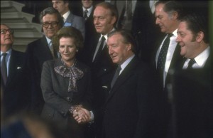 Margaret Thatcher and Charles J. Haughey shake hands at the conclusion of the Anglo-Irish summit in Dublin Castle on 8 December 1980. (RTÉ Stills Library)