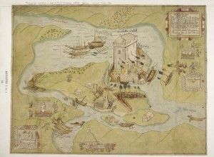 Contemporary map of Hugh Maguire’s stronghold at Enniskillen, taken by the English on 2 February 1594. While it may have seemed advantageous to have a strong position in the centre of Fermanagh, the upsurge of raiding along the Ulster borderlands left the Crown’s garrisons in a precarious situation. (British Library)