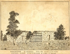 The grave of Theobald Wolfe Tone at Bodenstown, ‘beautifully rebuilt by Mr Peter Clory of Clane, Co. Kildare’, in 1873. The railing was added in 1874. A shared awareness of the romance and symbolism of Tone’s tomb beside the ivy-covered ruined church could serve to maintain the ‘national spirit’. (NLI)