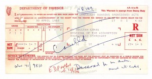 Coman’s last payment of £7-1-5, dated April 1968, which was cancelled and returned to the Department of Social Welfare. (Military Service Pensions Collection)