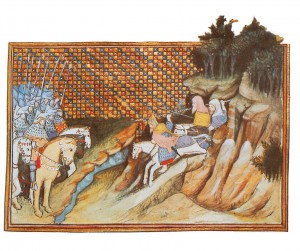 The forces of Art Mac Murchada sally forth from ‘wild’ mountain landscape to engage the ‘disciplined’ ranks of the earl of Gloucester, an earlier stereotypical image of the clash of two cultures as depicted by Jean Creton, a Frenchman who accompanied Richard II’s expedition to Ireland in 1399. (British Library)