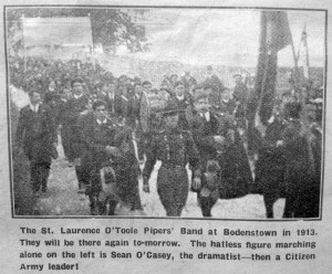 The St Laurence O’Toole Pipers’ Band at Bodenstown in 1913. The hatless figure on the left is Seán O’Casey, secretary of the Wolfe Tone Memorial Committee that year. (An Phoblacht